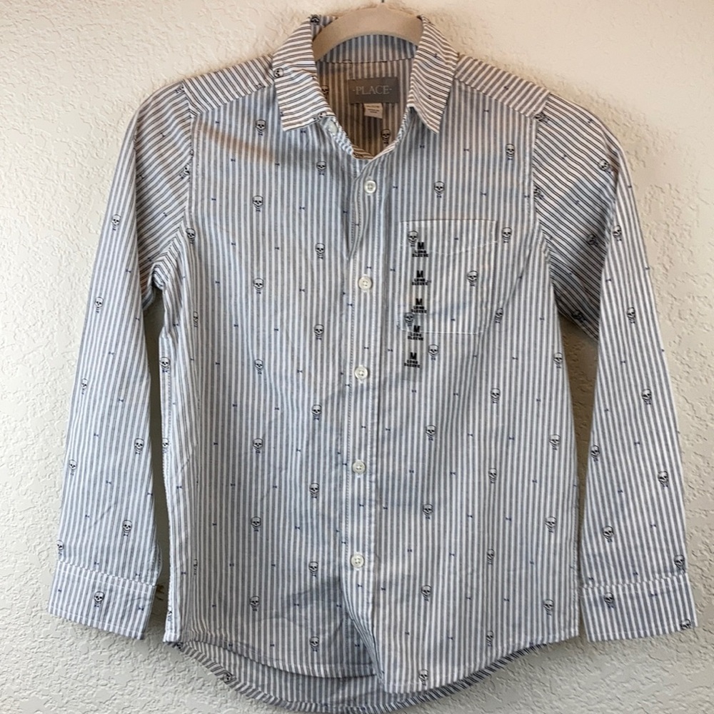 *Children’s Place New White Pinstriped Skull Medium Button Down Shirt C78